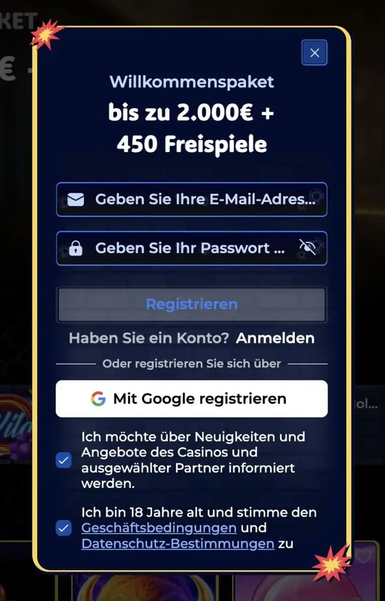 Gangstasino Registrierungsformular mit E-Mail-Feld, Passwort-Eingabe und Alterscheckbox für 18 Jahre
