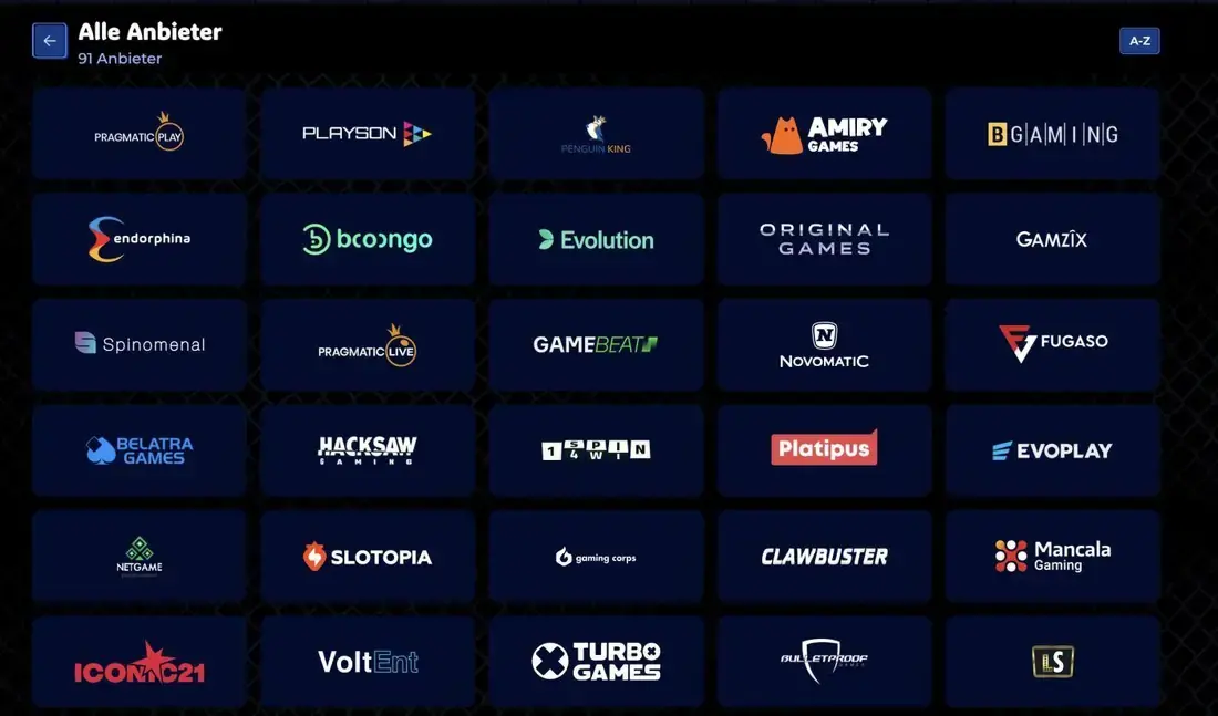 Gangstasino Anbieterübersicht mit 91 Spielestudios wie Pragmatic Play, Evolution und Novomatic im Raster